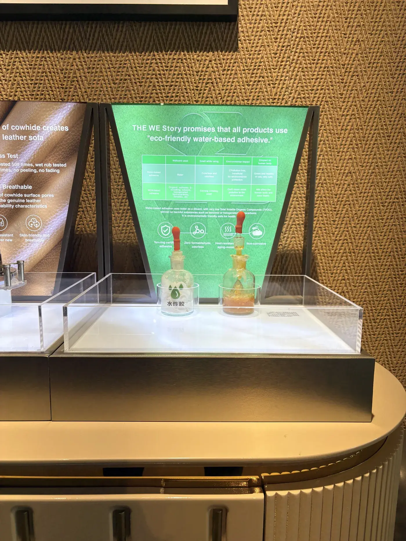 Eco-friendly water-based adhesive bottles at SOISU showroom quality display